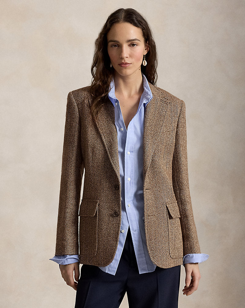 Herringbone Linen-Blend Blazer Brown/Cream Herringbone