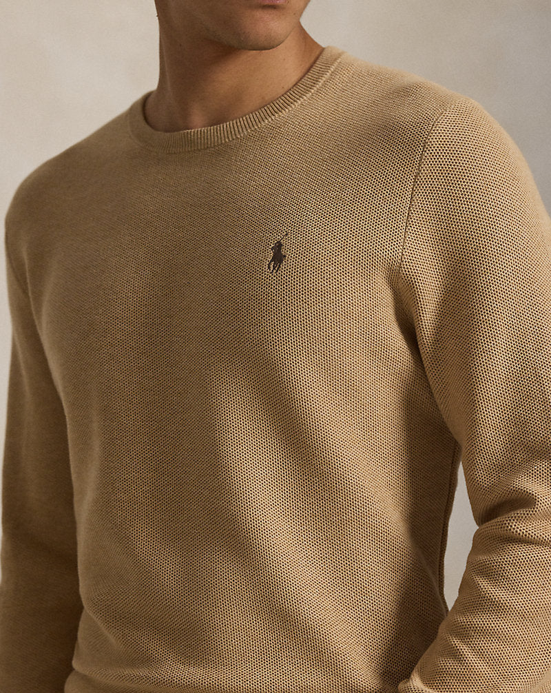 Mesh-Knit Cotton Crewneck Jumper Camel Melange