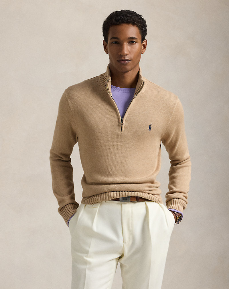 Cotton Quarter-Zip Jumper Camel Melange