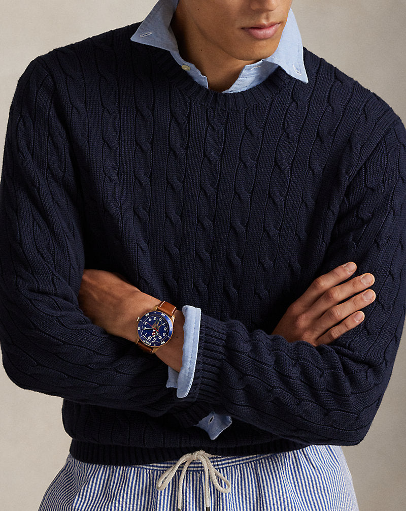 Cable-Knit Cotton Crewneck Jumper Hunter Navy